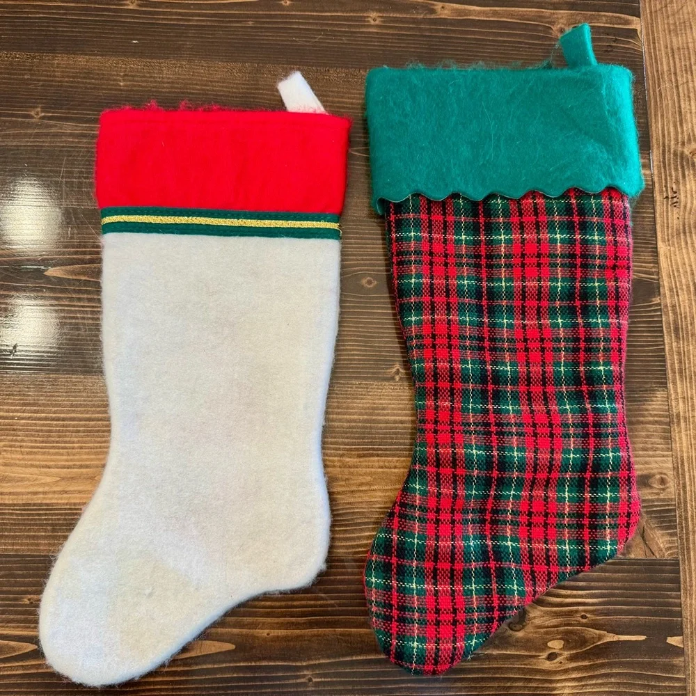 Vintage‎ Felt Santa & Plaid Christmas Stockings Set